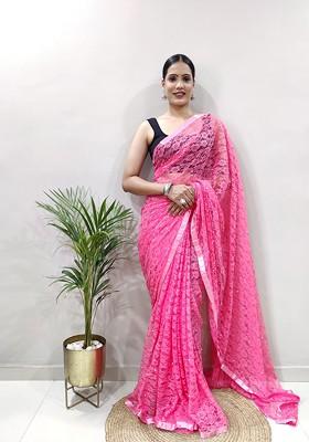 Pink Woven Net Saree Set
