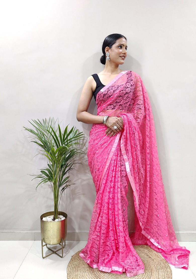 Pink Woven Net Saree Set