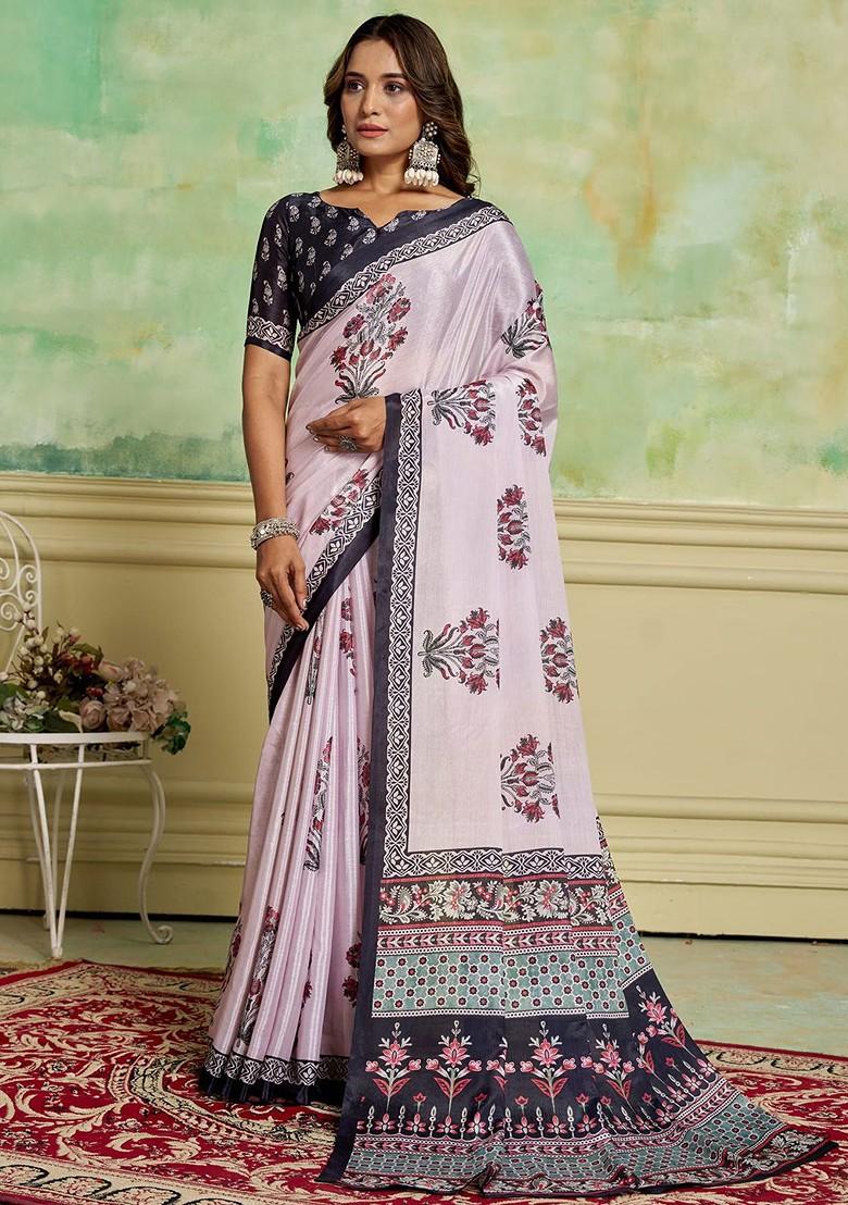 Pink Embroidered Crepe Saree Set
