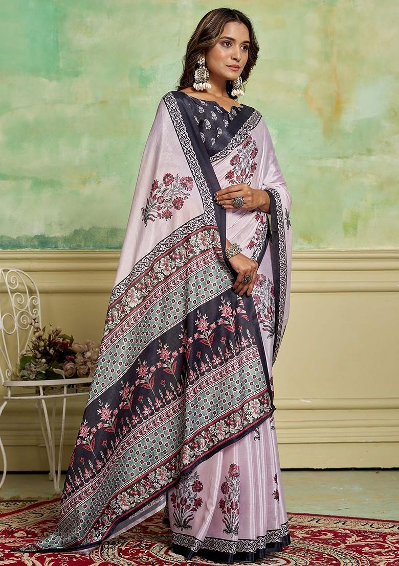 Pink Embroidered Crepe Saree Set