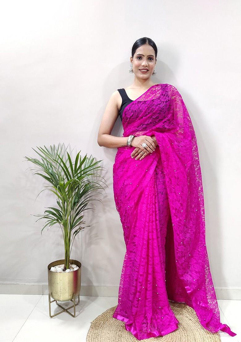 Pink Woven Net Saree Set