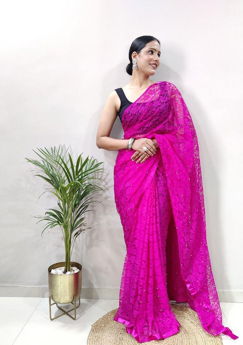 Pink Woven Net Saree Set