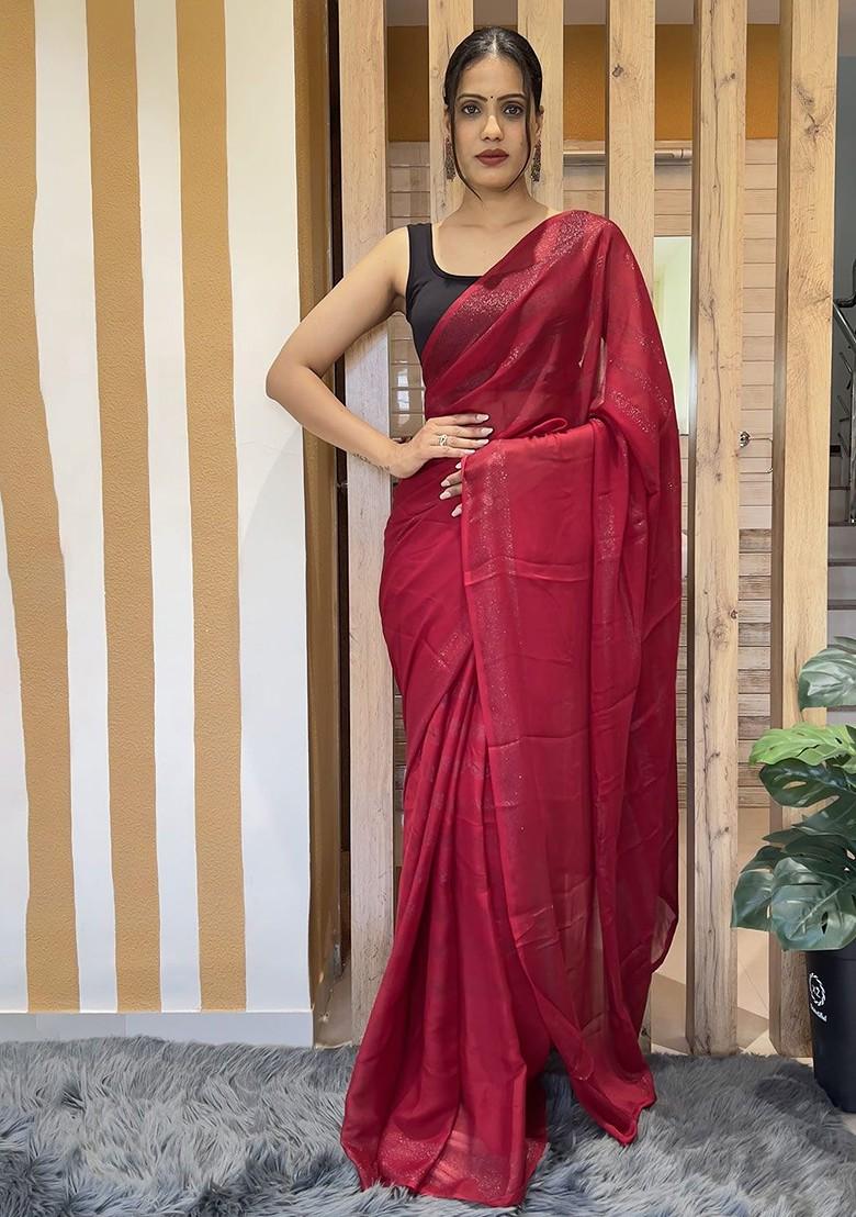 Red Embroidered Chiffon Saree Set