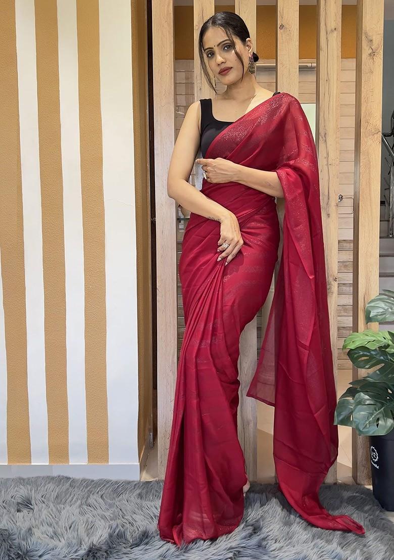 Red Embroidered Chiffon Saree Set