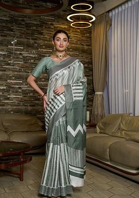 Green Printed Silk Saree Set