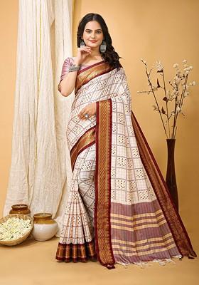 White Zari Cotton Saree Set