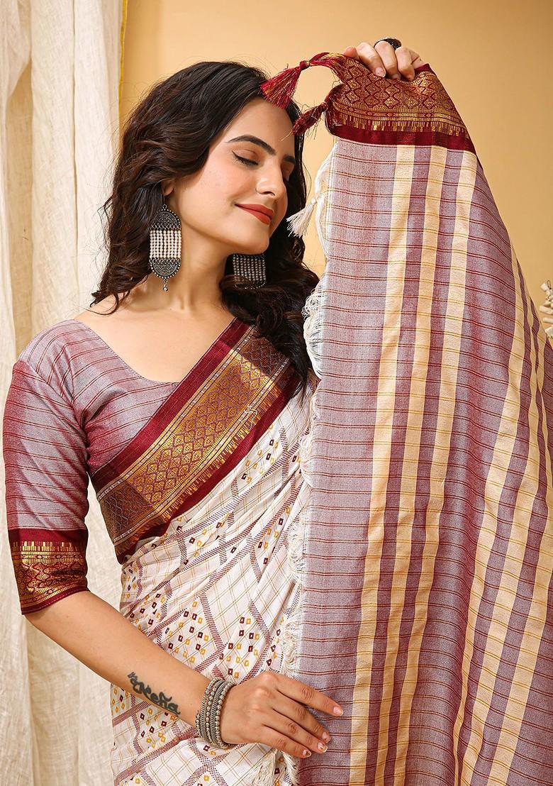 White Zari Cotton Saree Set