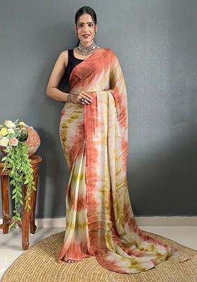 Rust Orange Tie And Dye Chiffon Saree Set