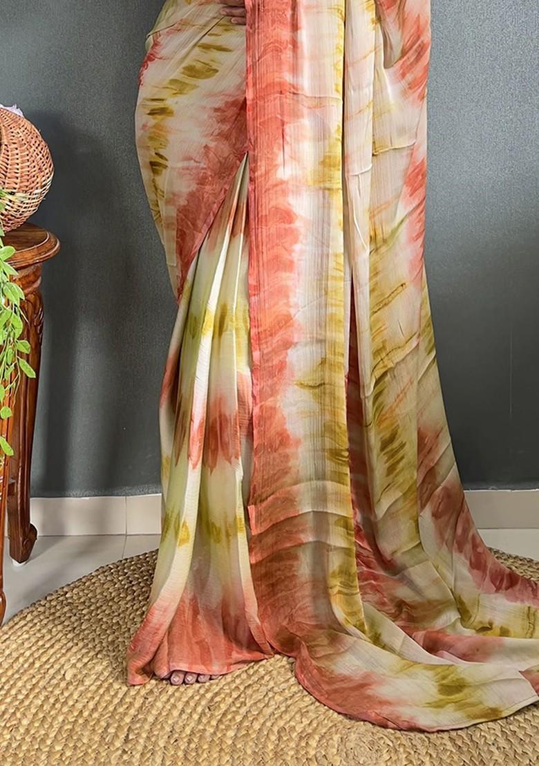 Rust Orange Tie And Dye Chiffon Saree Set