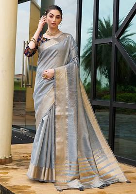 Grey Woven Silk Saree Set