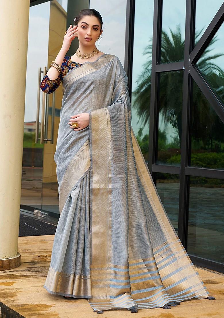 Grey Woven Silk Saree Set