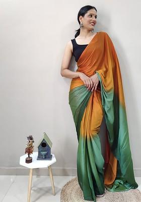 Orange Block Print Poly Blend Saree Set
