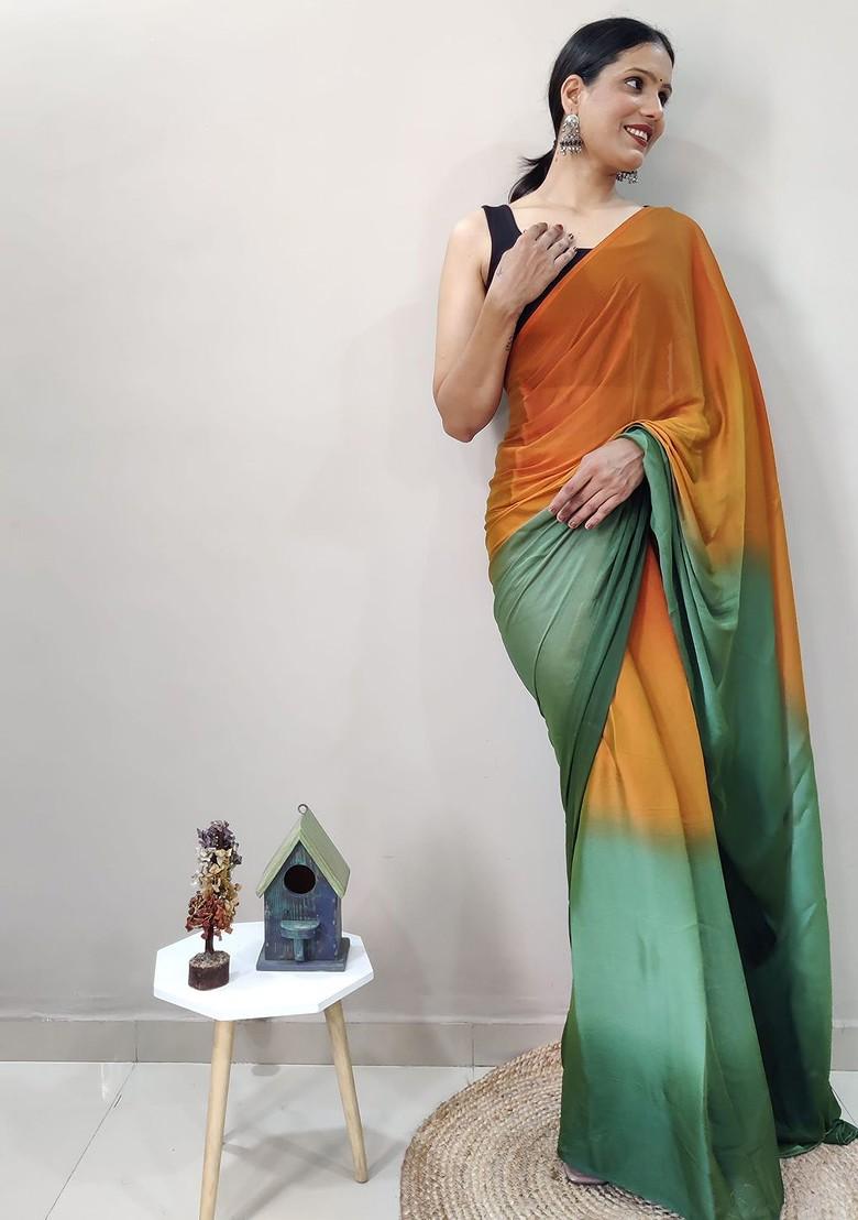 Orange Block Print Poly Blend Saree Set