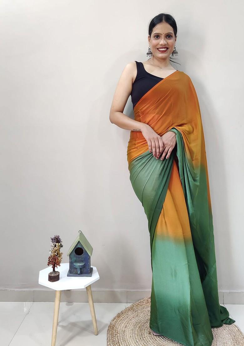 Orange Block Print Poly Blend Saree Set