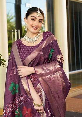 Purple Zari Crepe Saree Set