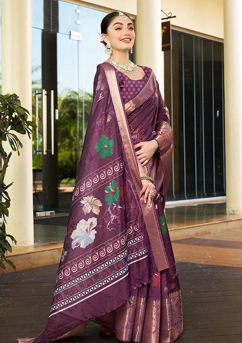 Purple Zari Crepe Saree Set