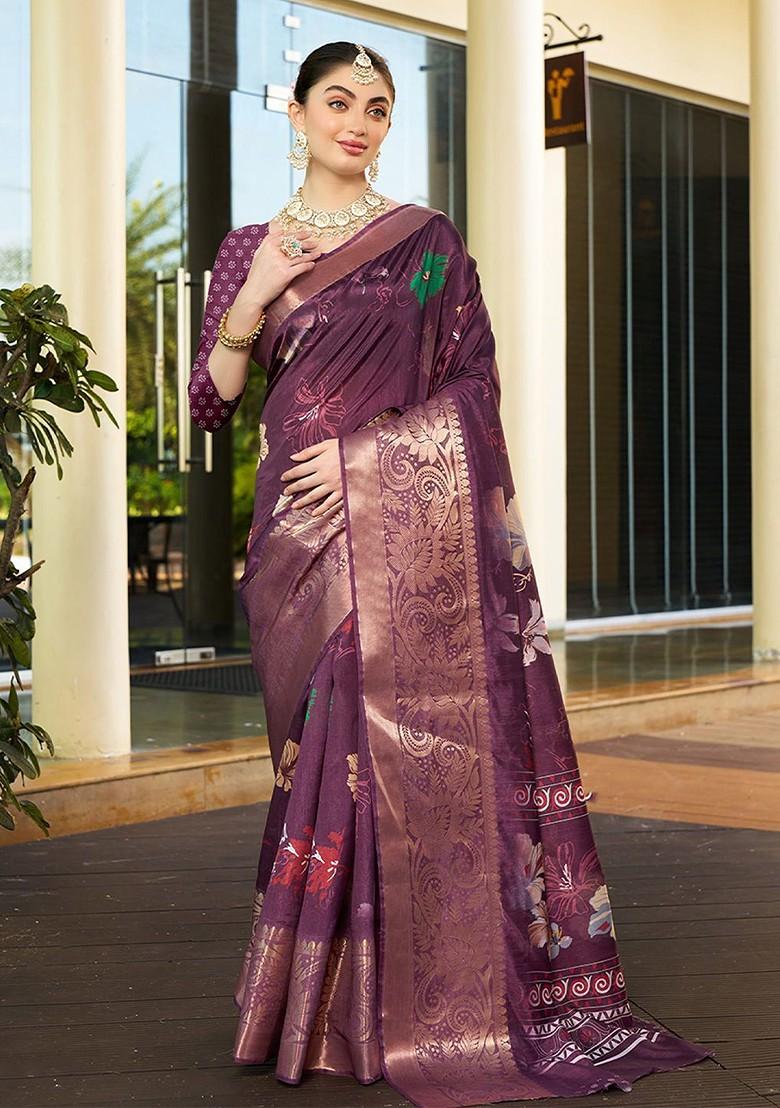 Purple Zari Crepe Saree Set