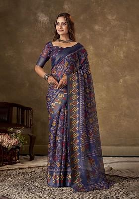 Purple Floral Printed Cotton Saree Set