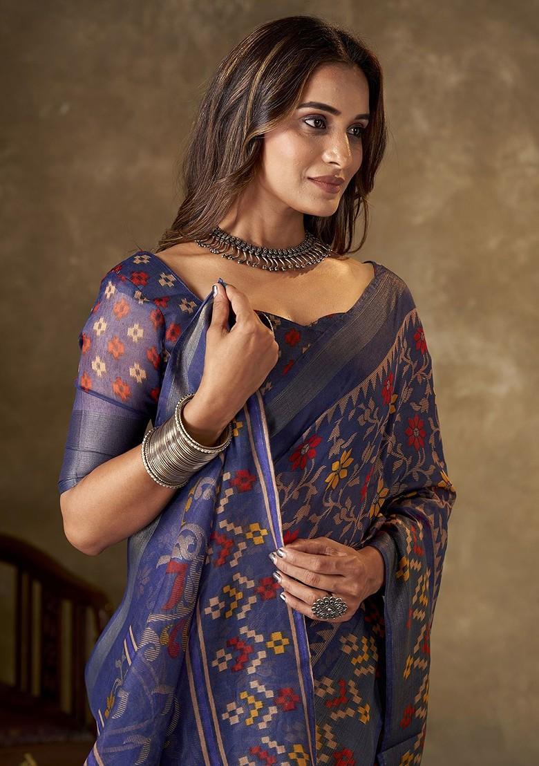 Purple Floral Printed Cotton Saree Set