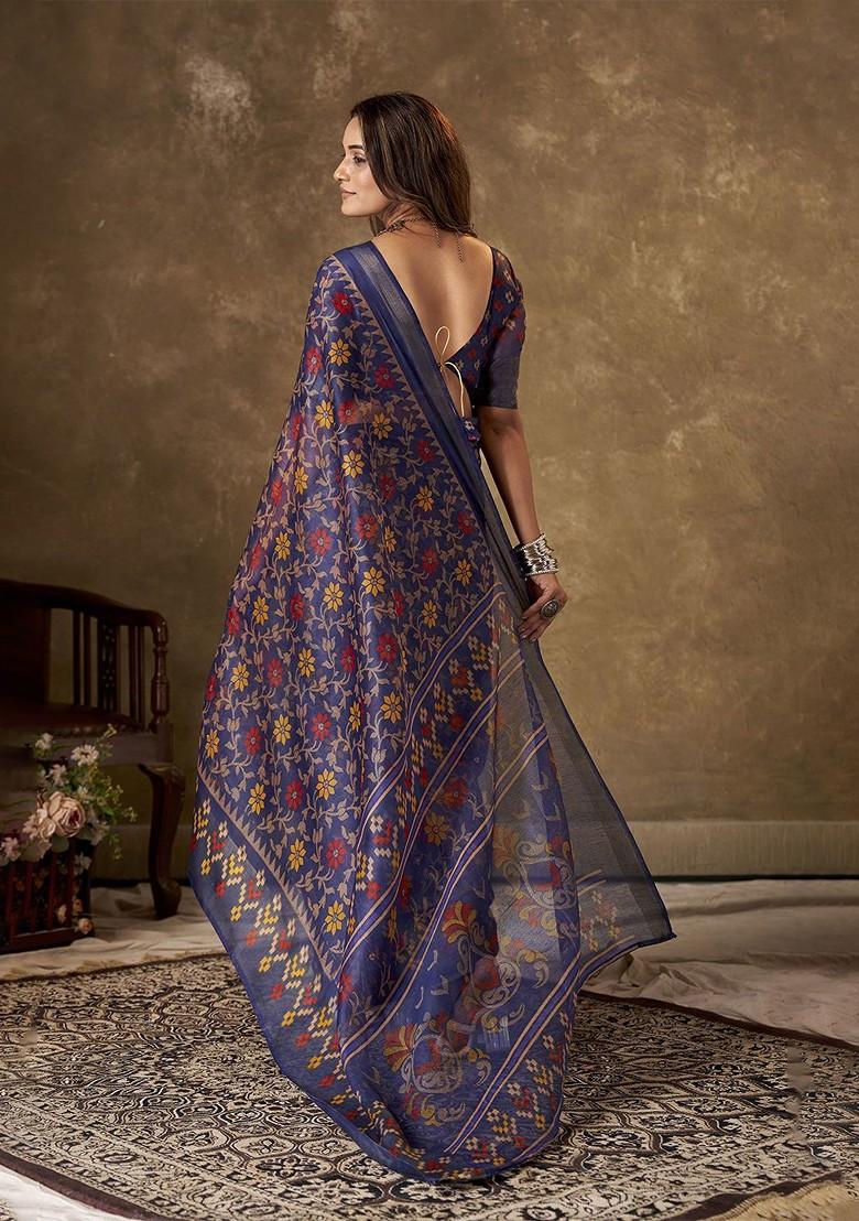 Purple Floral Printed Cotton Saree Set