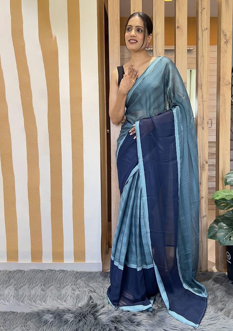 Blue Striped Chiffon Saree Set
