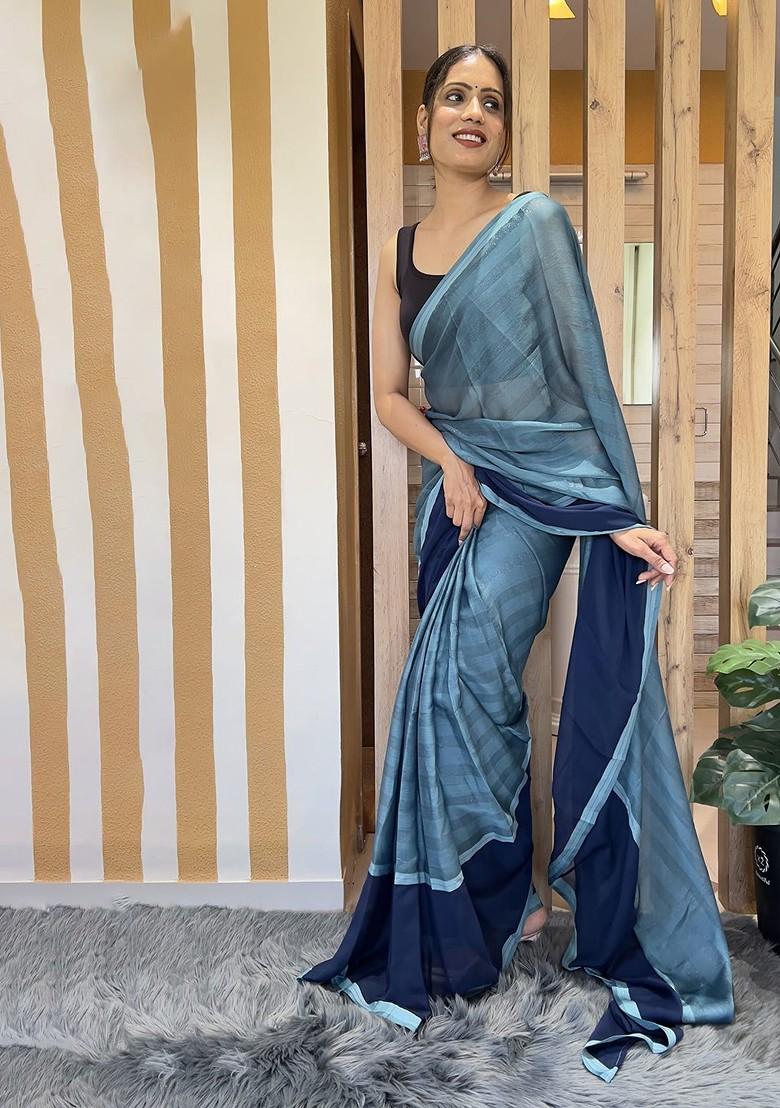 Blue Striped Chiffon Saree Set