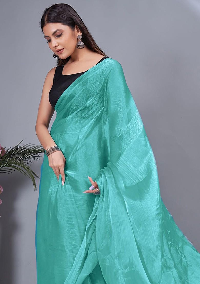 Blue Embroidered Crepe Saree Set