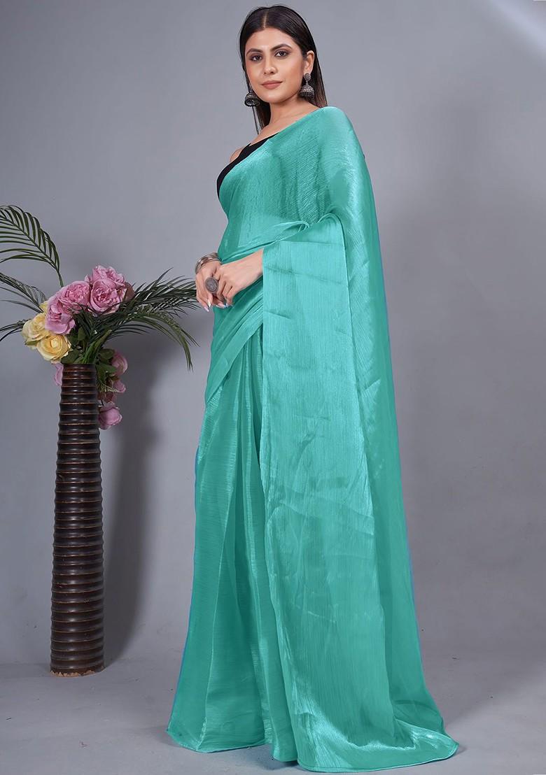 Blue Embroidered Crepe Saree Set