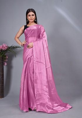 Pink Embroidered Crepe Saree Set