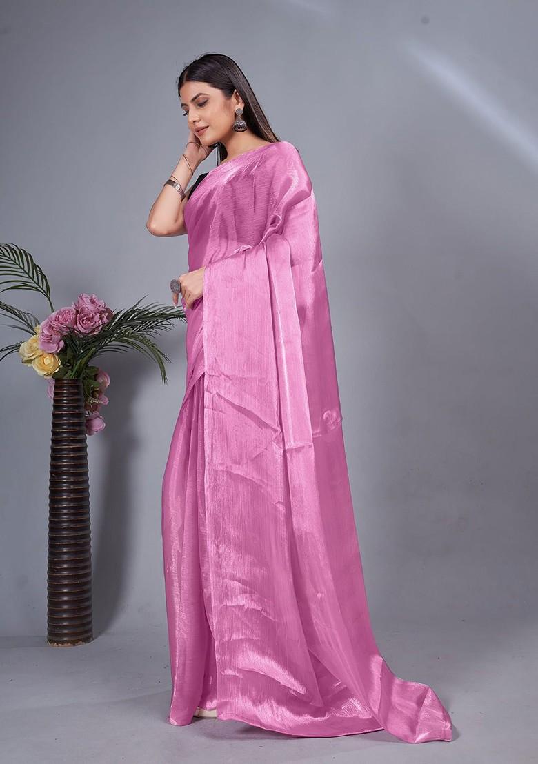 Pink Embroidered Crepe Saree Set