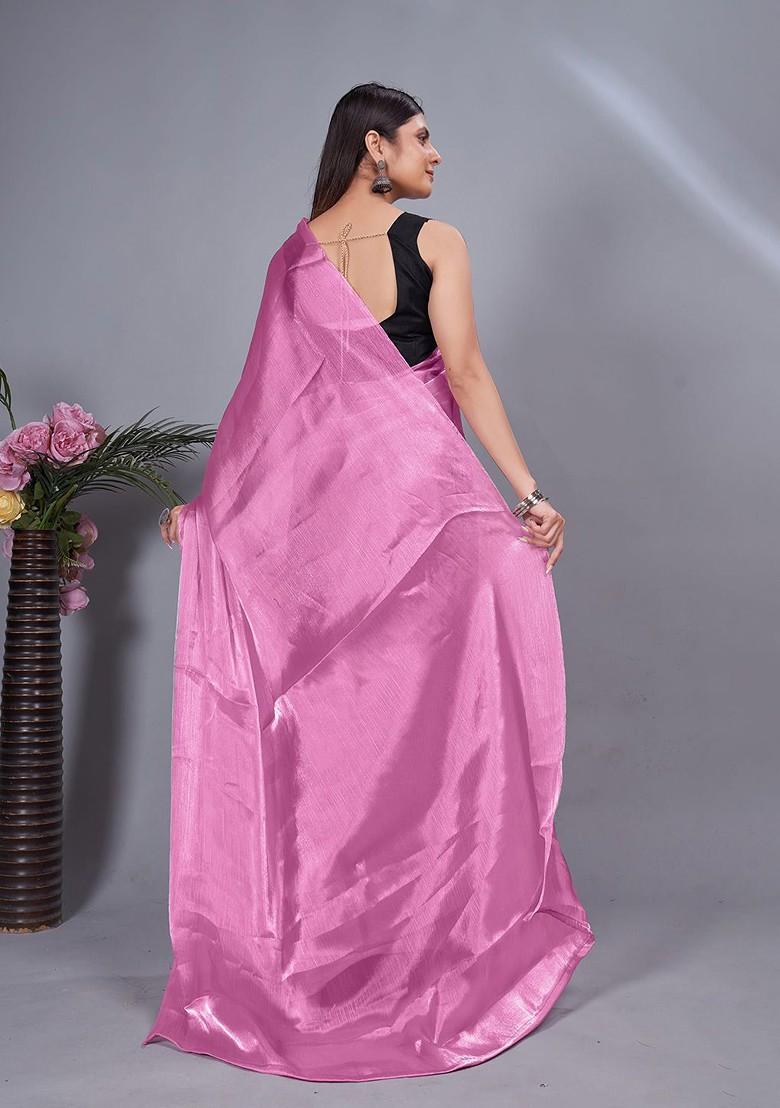 Pink Embroidered Crepe Saree Set