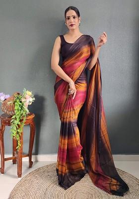 Orange Striped Crepe Saree Set