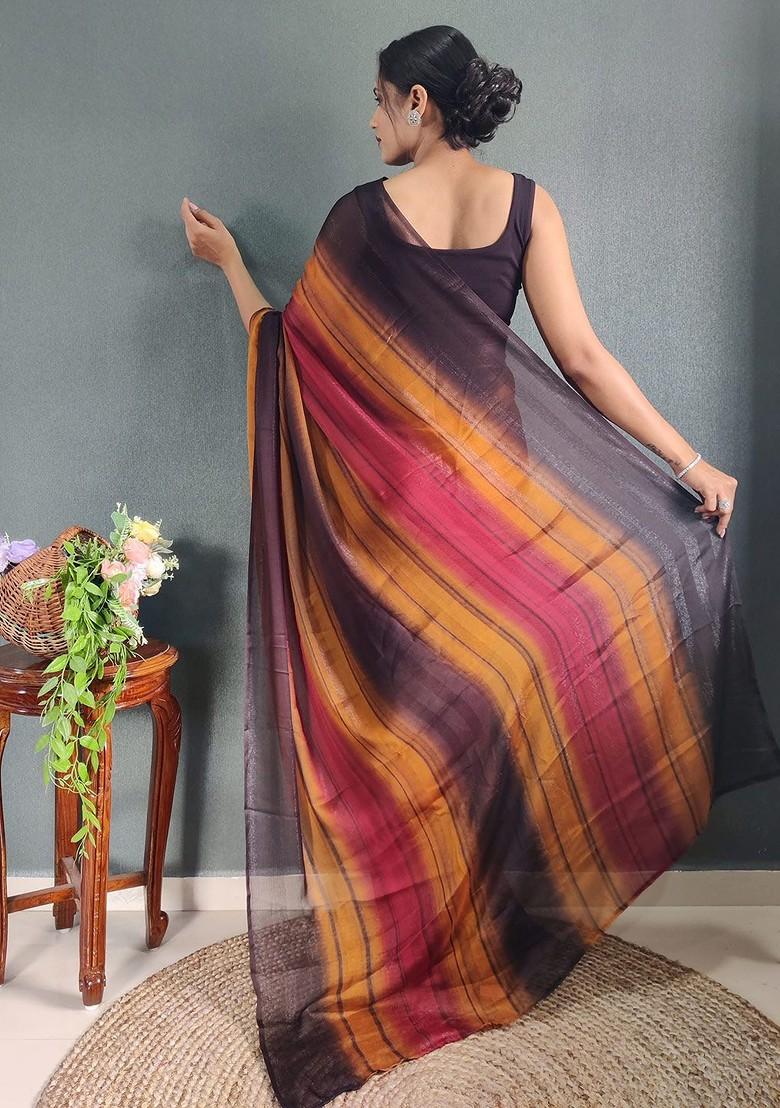 Orange Striped Crepe Saree Set