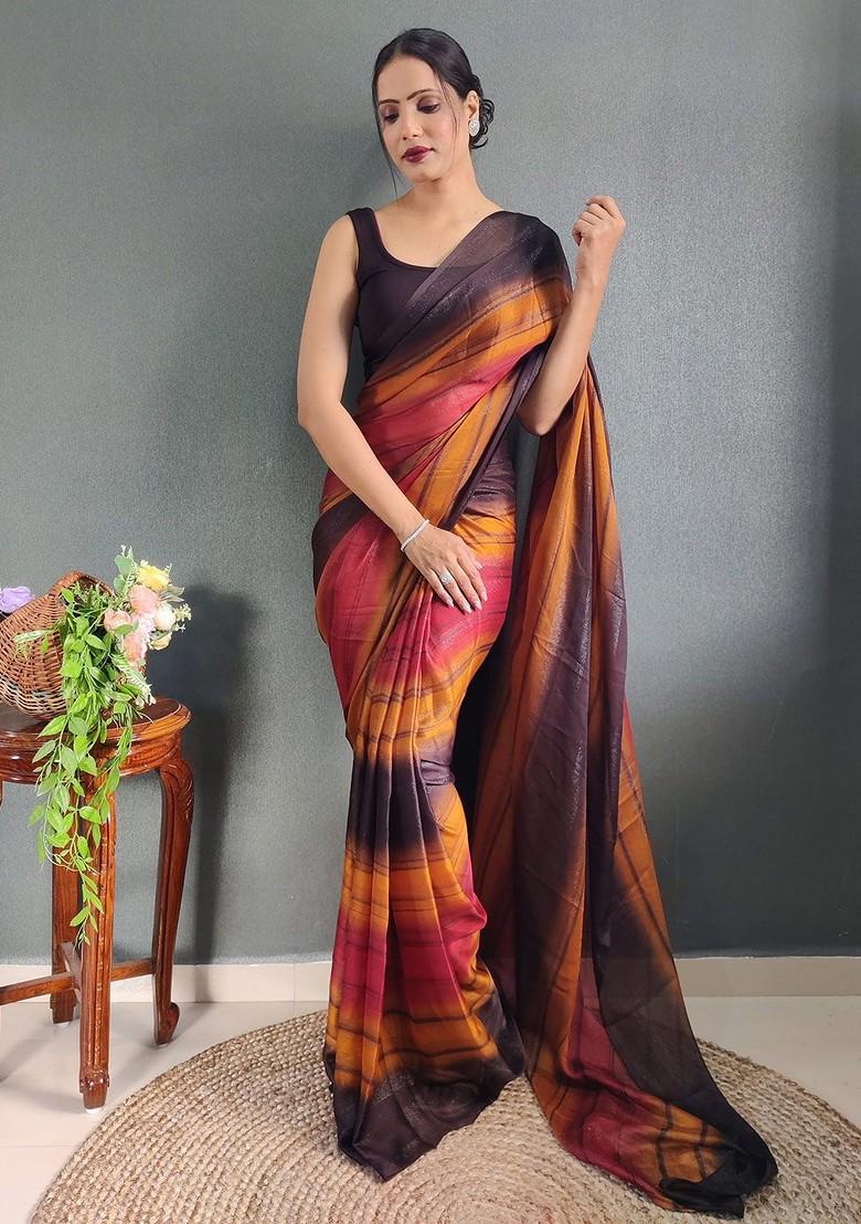 Orange Striped Crepe Saree Set