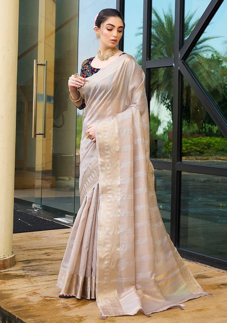 Brown Striped Bhagalpuri Silk Saree Set