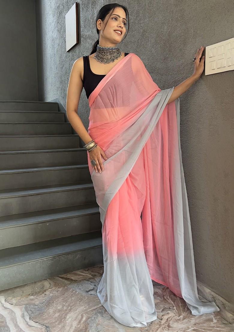 Pink Embroidered Chiffon Saree Set