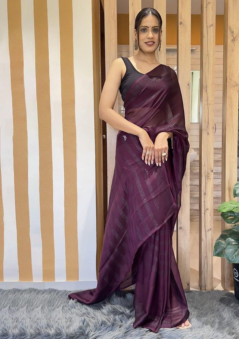 Purple Striped Chiffon Saree Set