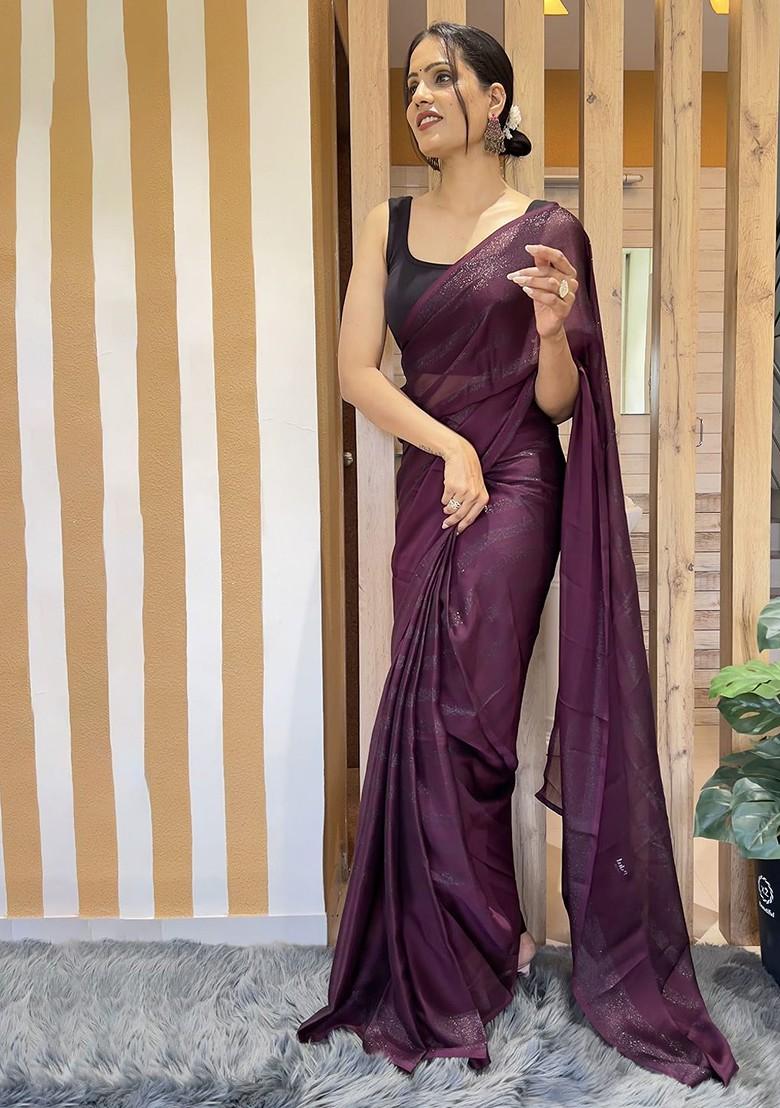 Purple Striped Chiffon Saree Set