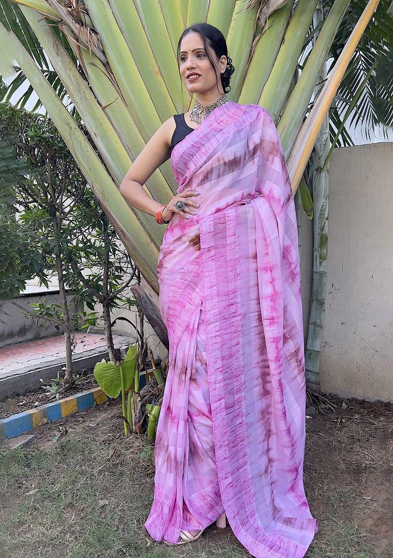 Pink Tie And Dye Chiffon Saree Set