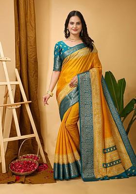 Yellow Checked Kanjeevaram Silk Saree Set