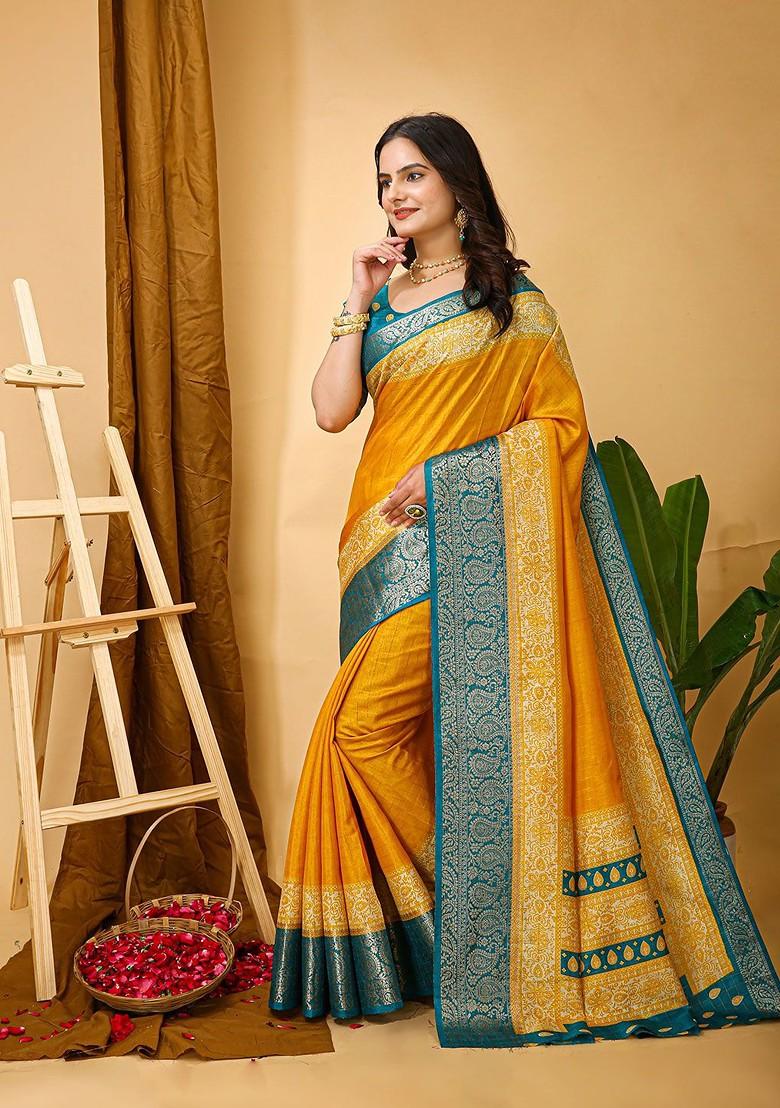 Yellow Checked Kanjeevaram Silk Saree Set