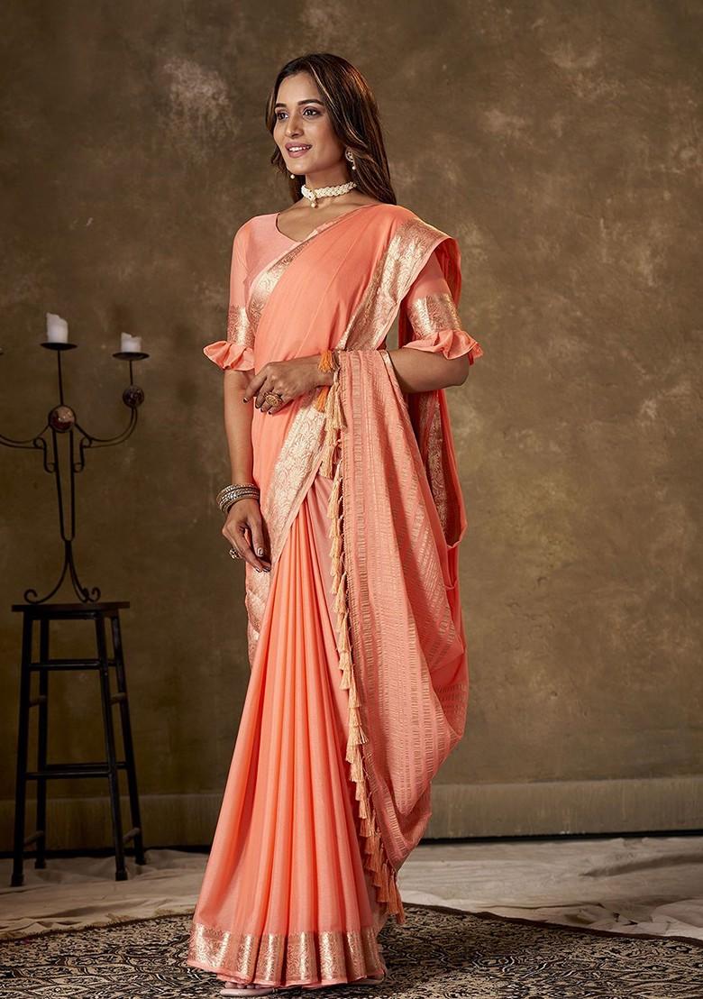 Peach Zari Georgette Saree Set