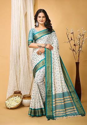 White Zari Cotton Saree Set