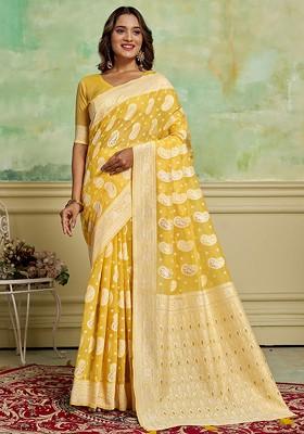 Yellow Zari Cotton Saree Set