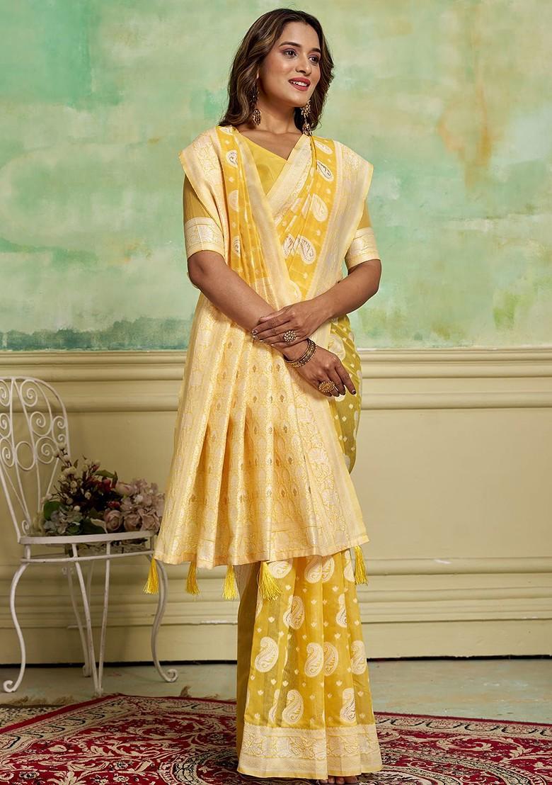 Yellow Zari Cotton Saree Set