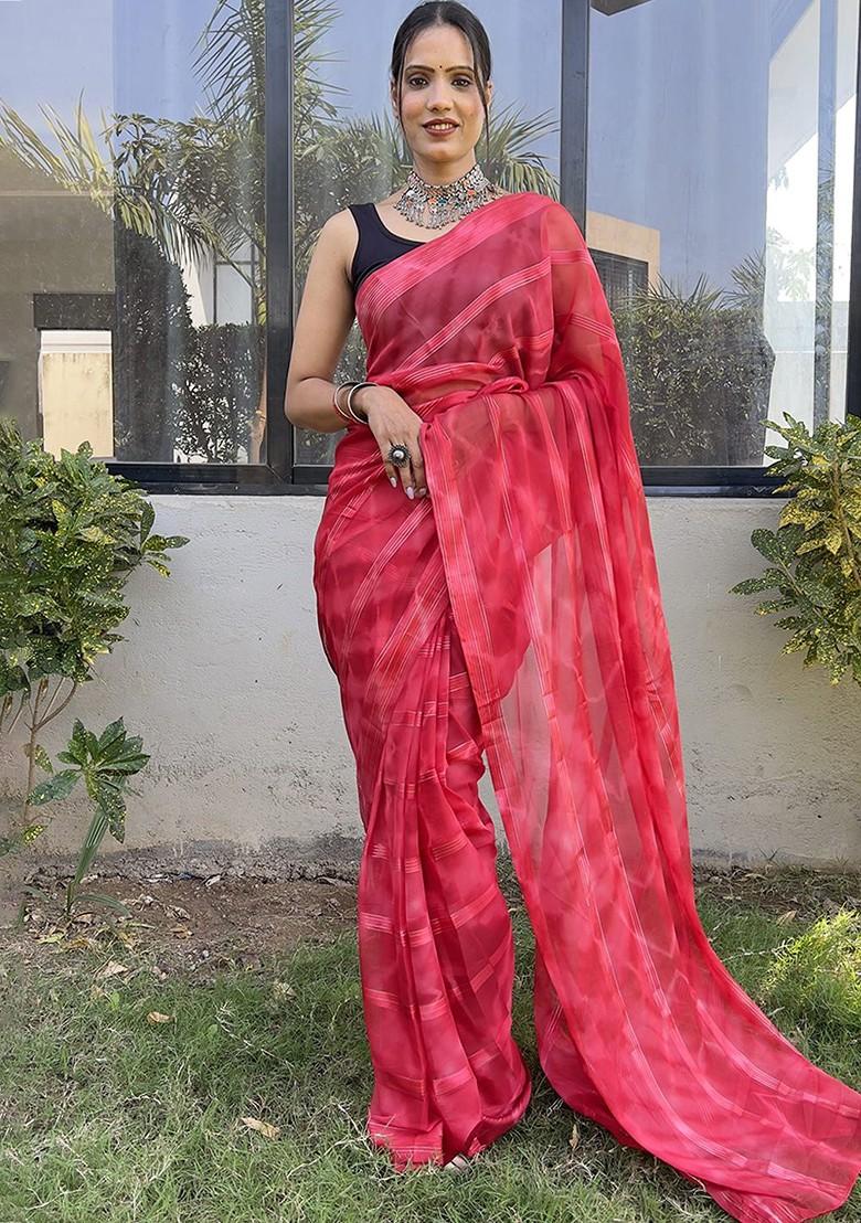 Pink Striped Georgette Saree Set