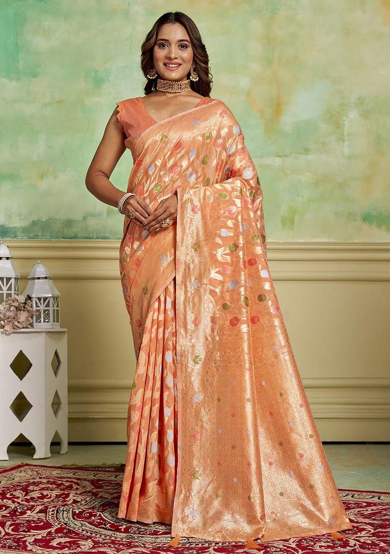 Peach Zari Cotton Saree Set