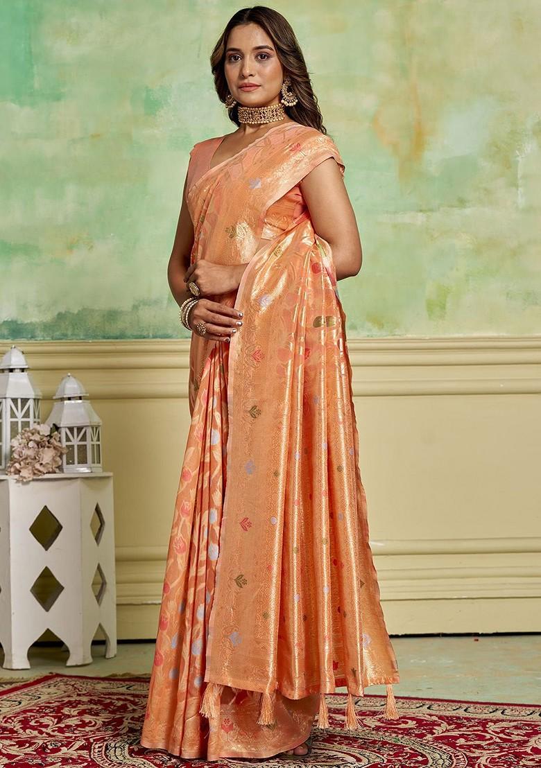 Peach Zari Cotton Saree Set