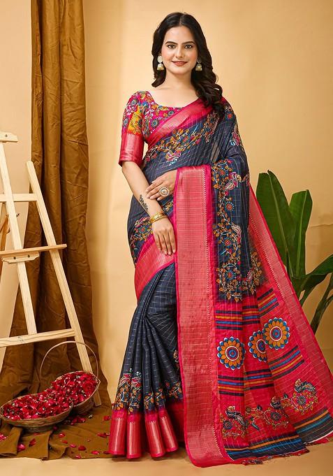 Navy Blue Zari Kanjeevaram Silk Saree Set