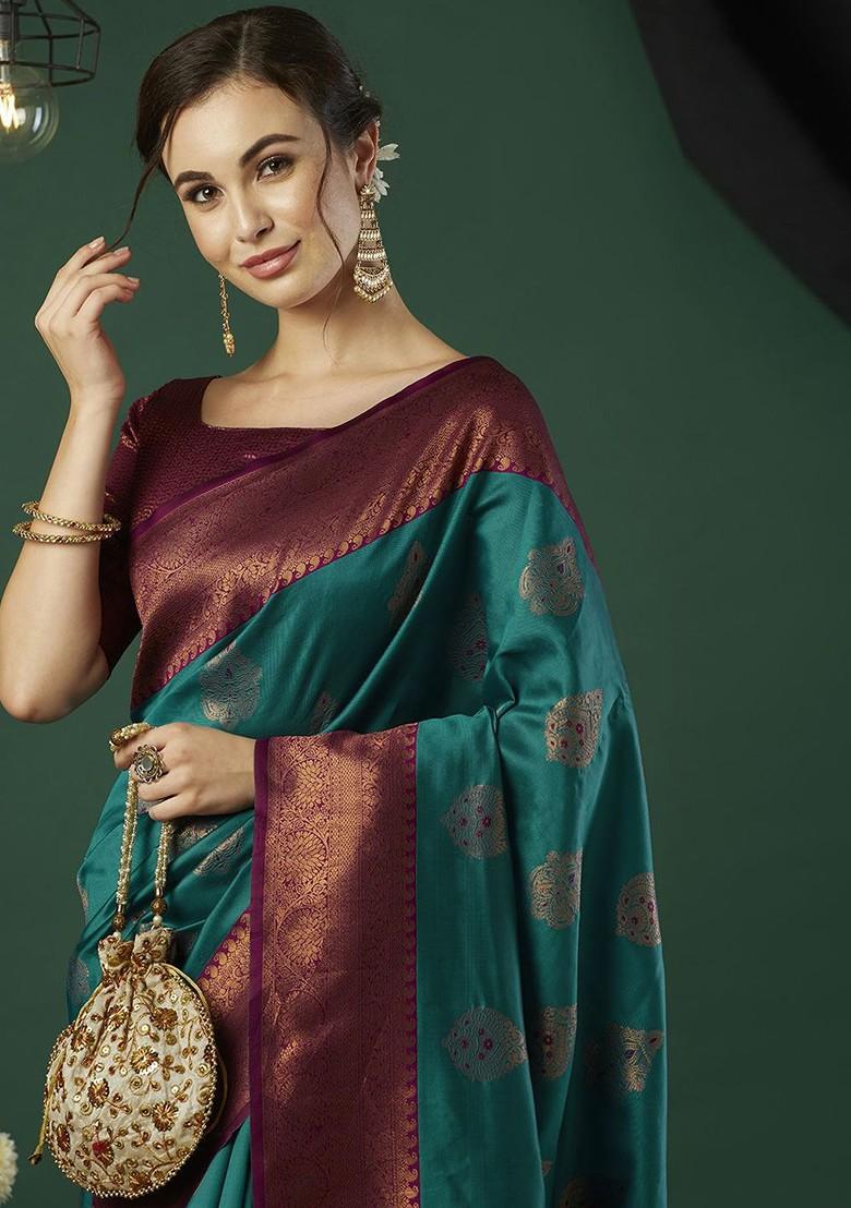 Turquoise Blue Zari Banarasi Saree Set